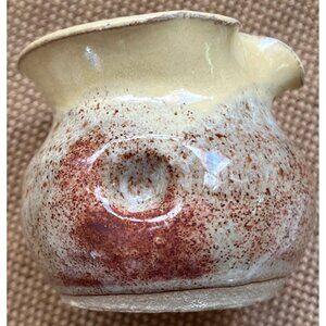 Cute Pottery Creamer Finger Pinch Hold Handcrafted Speckled Beige Yellow 2.5"